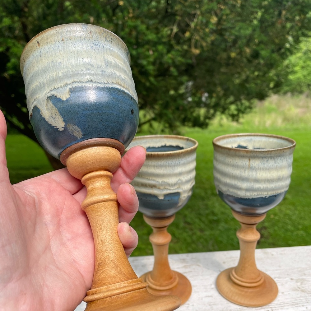 Handcrafted Ceramic Goblets with Wooden Stems - Picture 2 of 5